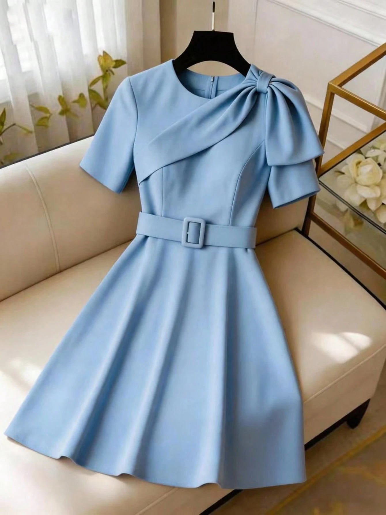 GlowEve Elegant Light Blue Summer A-Line Wrap Dress For Brunch,French Style Round Neck Short Bow Design Dress With Square Buckle Waistband For Office Work