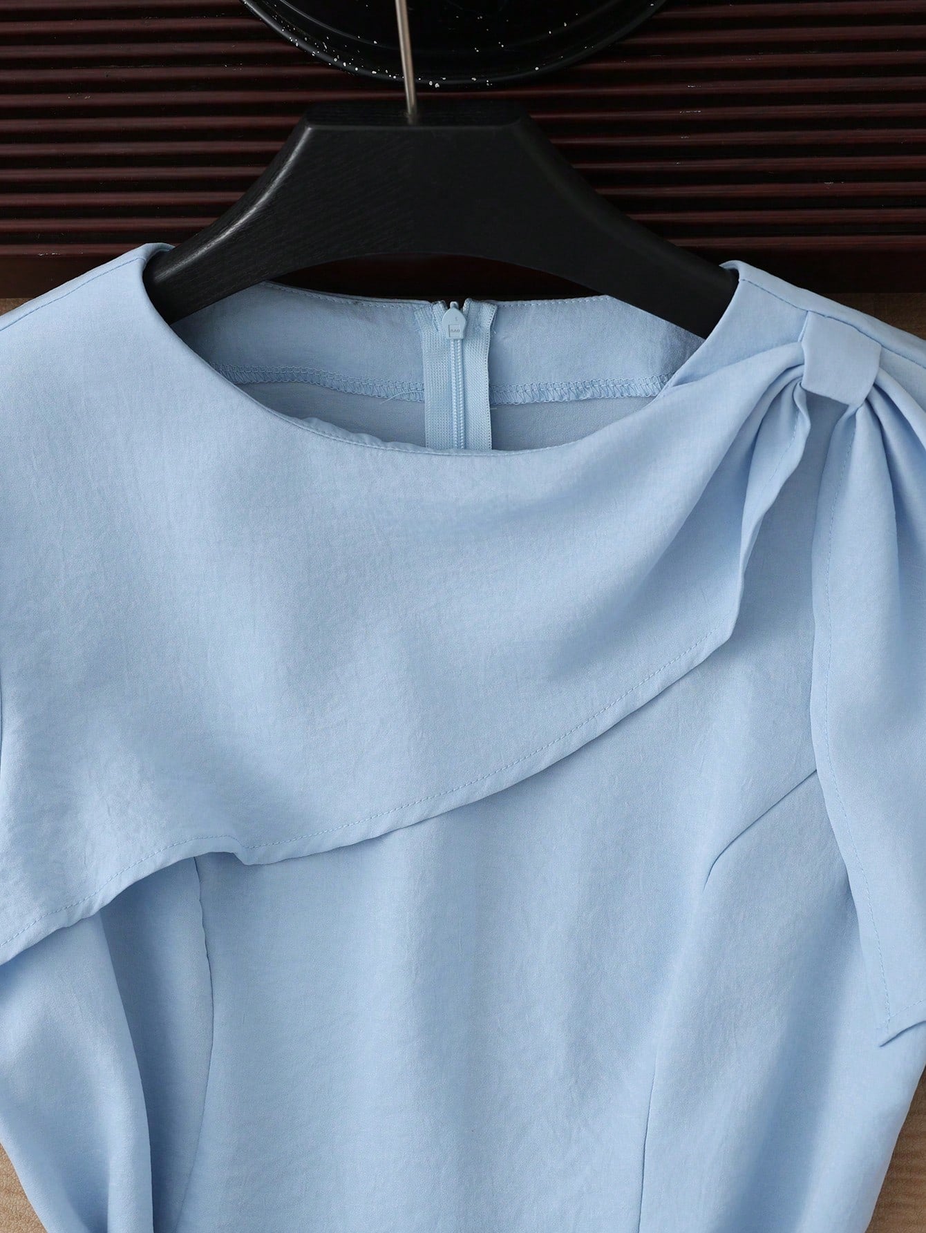 GlowEve Elegant Light Blue Summer A-Line Wrap Dress For Brunch,French Style Round Neck Short Bow Design Dress With Square Buckle Waistband For Office Work