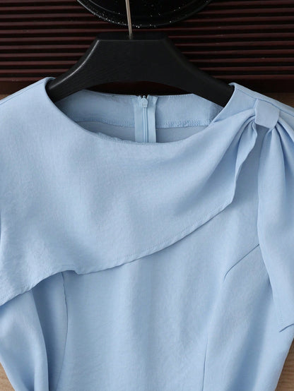GlowEve Elegant Light Blue Summer A-Line Wrap Dress For Brunch,French Style Round Neck Short Bow Design Dress With Square Buckle Waistband For Office Work