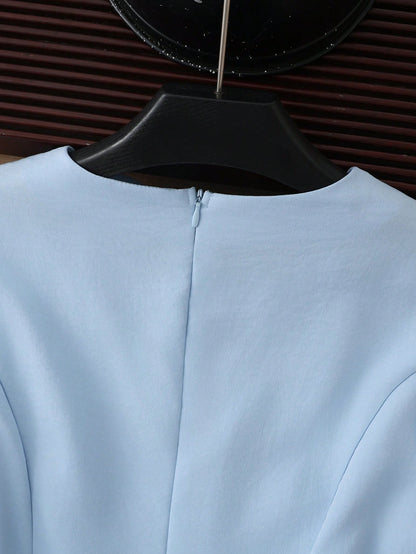GlowEve Elegant Light Blue Summer A-Line Wrap Dress For Brunch,French Style Round Neck Short Bow Design Dress With Square Buckle Waistband For Office Work