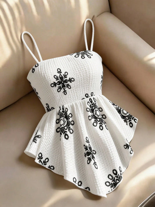 GlowEve Elegant Urban Chic Apricot Snowflake Print Sleeveless A-Line Short Camisole,White And Black,Summer,Boho,Vacation,Daily Wear,Weddings,Galas,Parties
