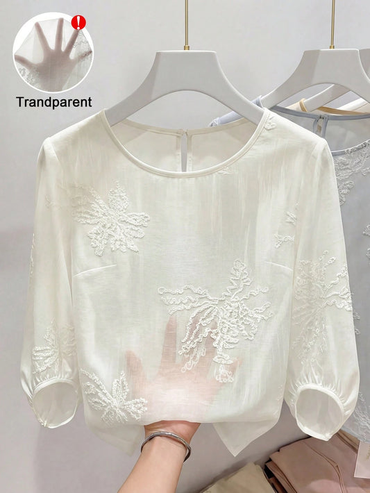 GlowEve French Elegant Solid Color Round Neck Lantern Sleeve Embroidered Shirt, Loose Casual Lightweight Top For Summer Vacation