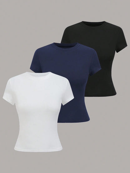 GlowEve Women's Casual Solid Color Black And White Short Sleeve T-Shirt Tops,Summer Everyday Fall Winter Halloween Work Office Party Tops
