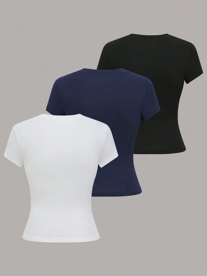 GlowEve Women's Casual Solid Color Black And White Short Sleeve T-Shirt Tops,Summer Everyday Fall Winter Halloween Work Office Party Tops