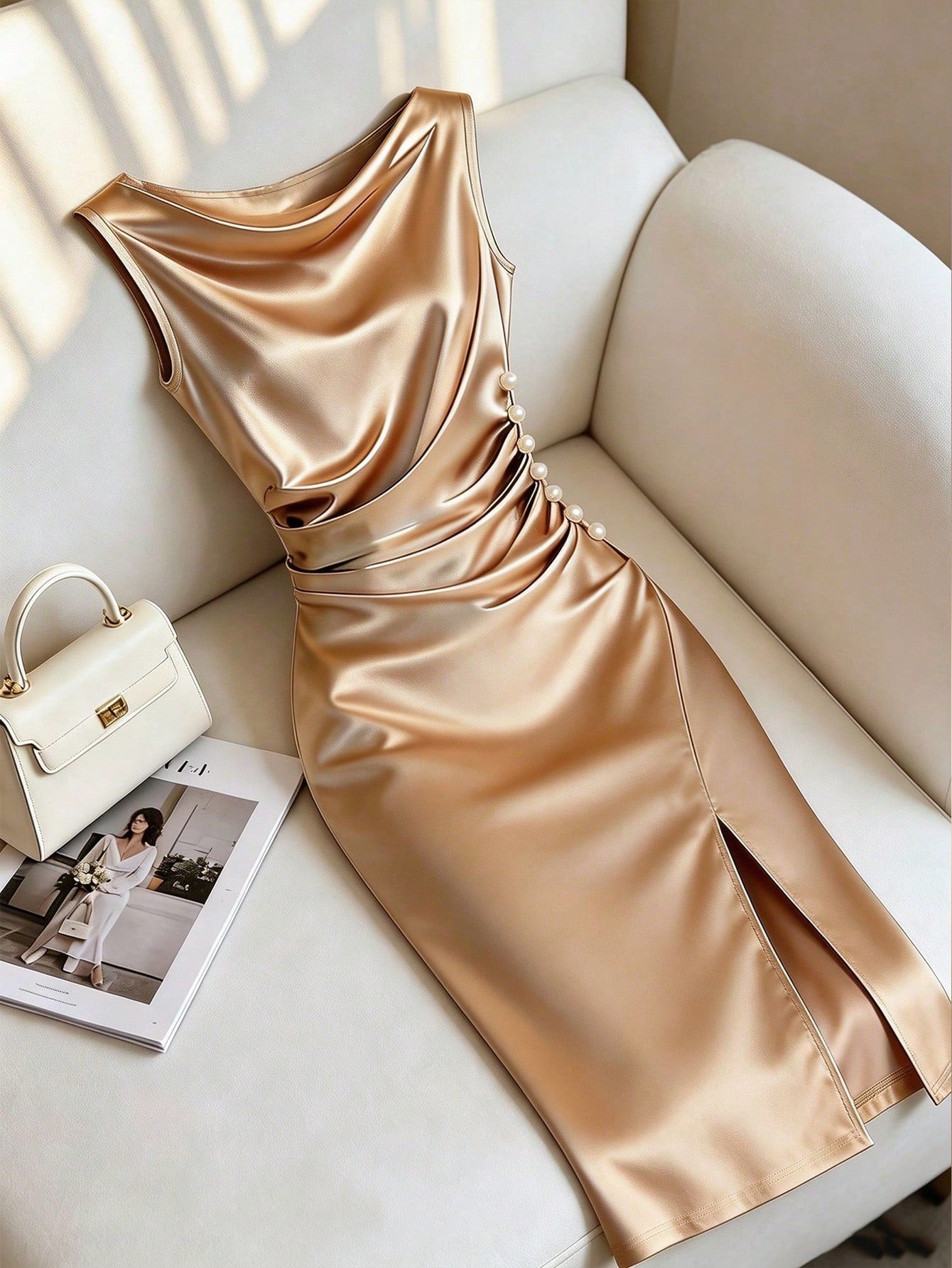 GlowEve Women's Fitted Knit Fabric Midi Dress, Sleeveless Plunging Neckline With Side Pearl Button Decor, Slit Sexy Party Dress