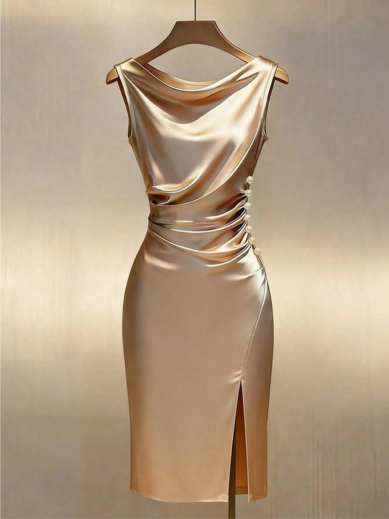 GlowEve Women's Fitted Knit Fabric Midi Dress, Sleeveless Plunging Neckline With Side Pearl Button Decor, Slit Sexy Party Dress