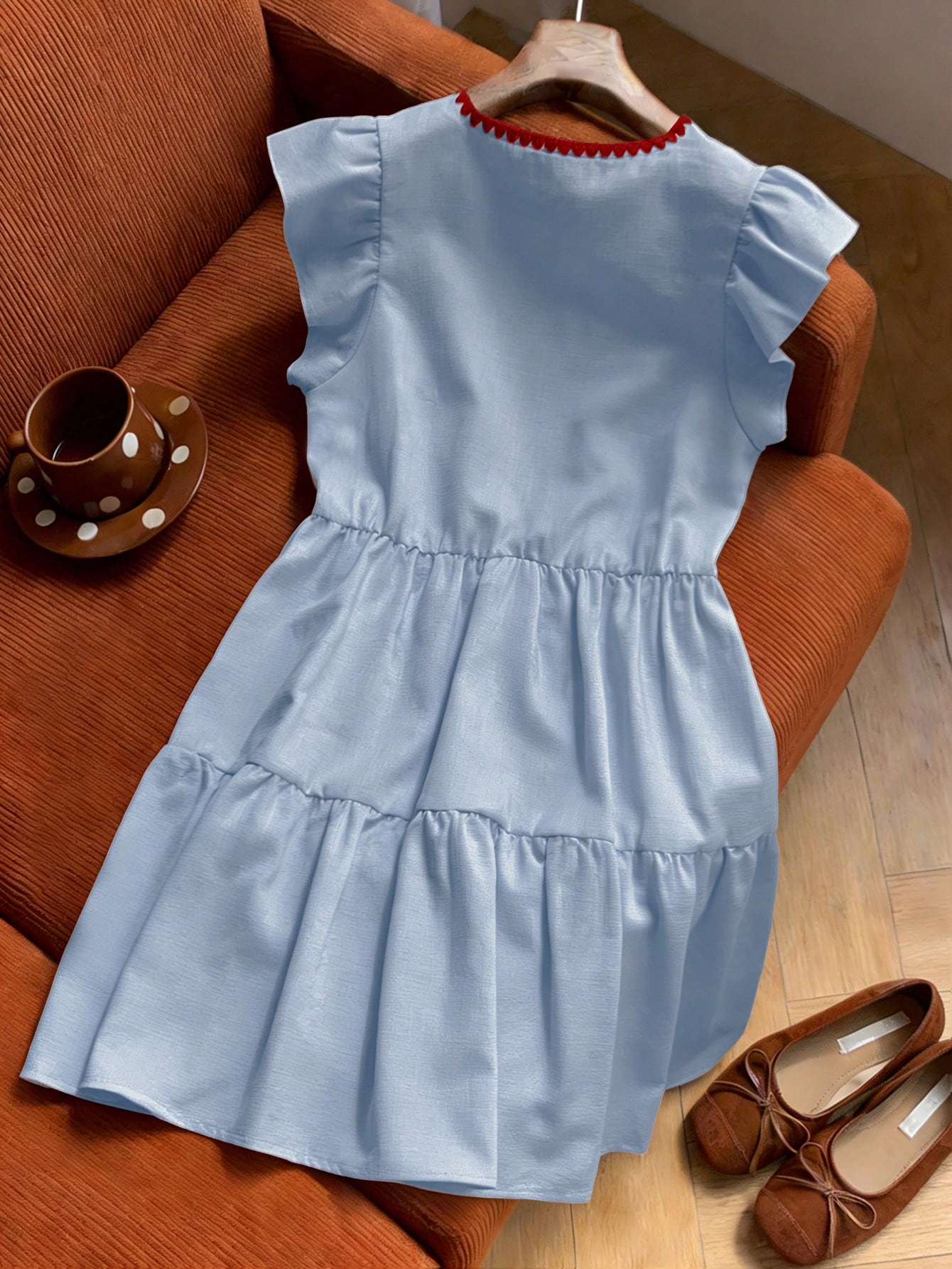 GlowEve Women's Light Blue Summer Cute Everyday Elegant Shell Embroidery Bow-Tie Design Cap Sleeve Fitted Flared Short Dress,Vacation Casual Dress