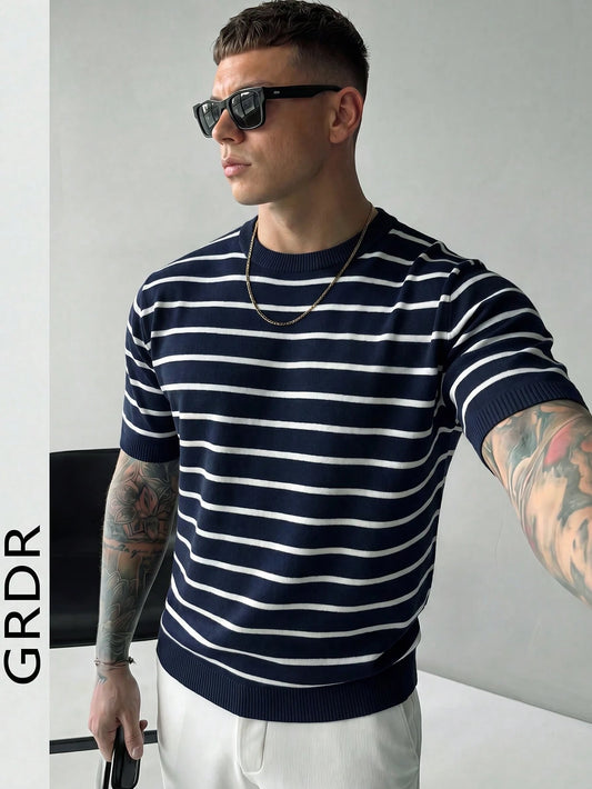 GRDR Men's Minimalist Striped Basic Crew Neck Knit Short Sleeve Sweater