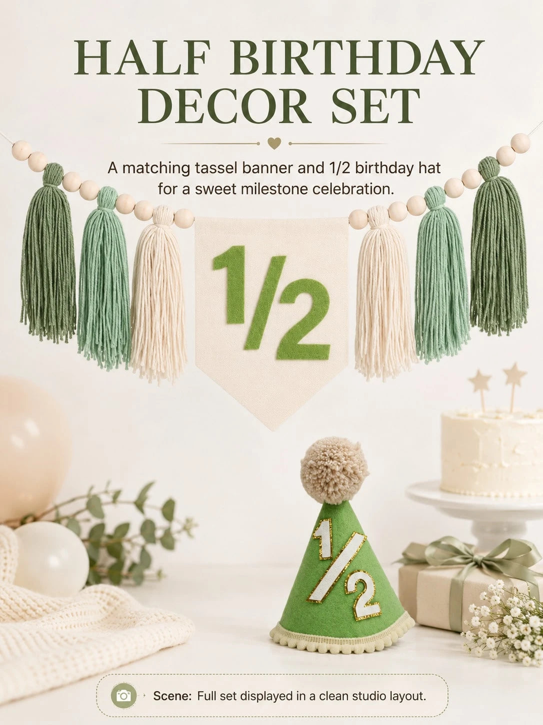 Green 1/2 Boho High Chair Banner & Hat Set, Decoration For 6 Months Old Baby's Half Birthday, Also Suitable For Baby Shower, Birthday Party, Green Theme Party, Forest Animal Theme Party