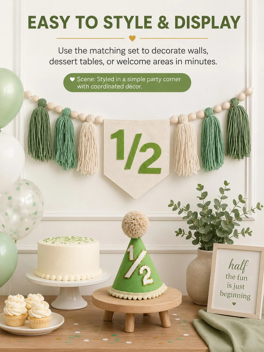 Green 1/2 Boho High Chair Banner & Hat Set, Decoration For 6 Months Old Baby's Half Birthday, Also Suitable For Baby Shower, Birthday Party, Green Theme Party, Forest Animal Theme Party