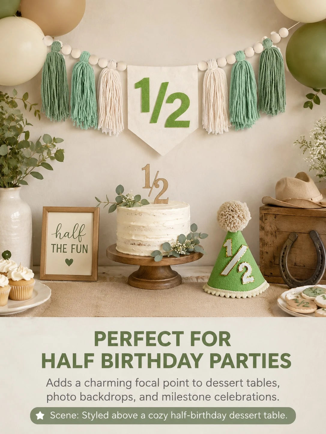 Green 1/2 Boho High Chair Banner & Hat Set, Decoration For 6 Months Old Baby's Half Birthday, Also Suitable For Baby Shower, Birthday Party, Green Theme Party, Forest Animal Theme Party