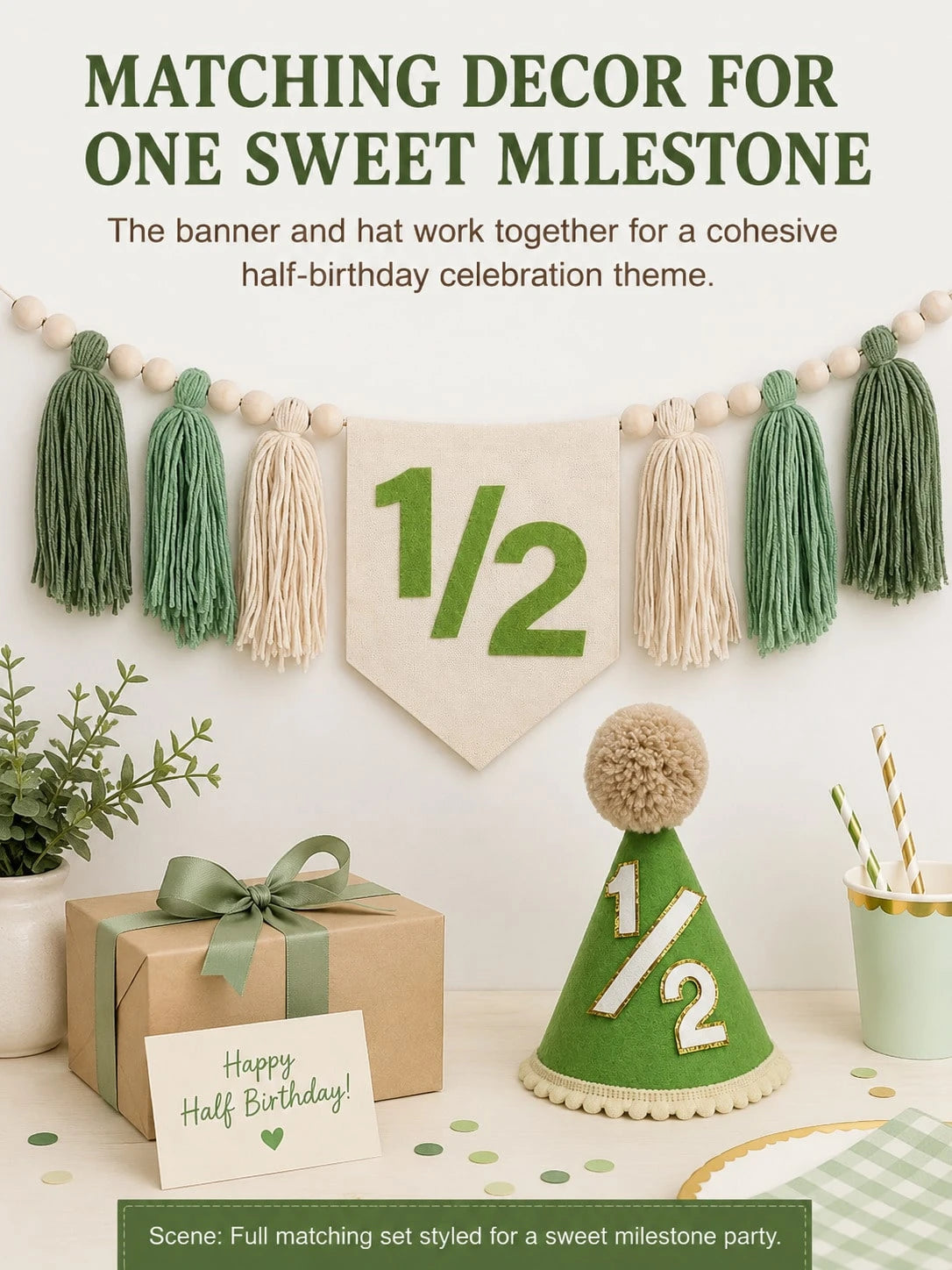 Green 1/2 Boho High Chair Banner & Hat Set, Decoration For 6 Months Old Baby's Half Birthday, Also Suitable For Baby Shower, Birthday Party, Green Theme Party, Forest Animal Theme Party