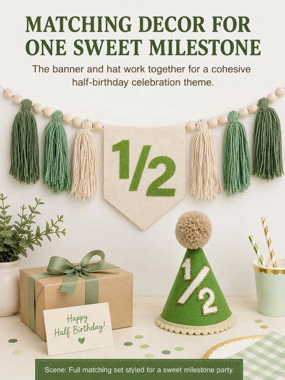 Green 1/2 Boho High Chair Banner & Hat Set, Decoration For 6 Months Old Baby's Half Birthday, Also Suitable For Baby Shower, Birthday Party, Green Theme Party, Forest Animal Theme Party