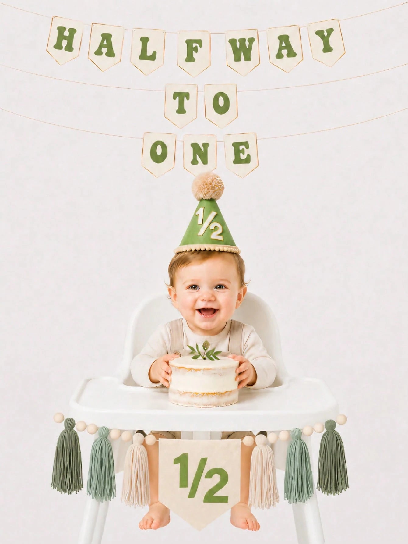 Green 1/2 Boho High Chair Banner & Hat Set, Decoration For 6 Months Old Baby's Half Birthday, Also Suitable For Baby Shower, Birthday Party, Green Theme Party, Forest Animal Theme Party
