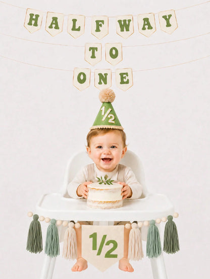 Green 1/2 Boho High Chair Banner & Hat Set, Decoration For 6 Months Old Baby's Half Birthday, Also Suitable For Baby Shower, Birthday Party, Green Theme Party, Forest Animal Theme Party