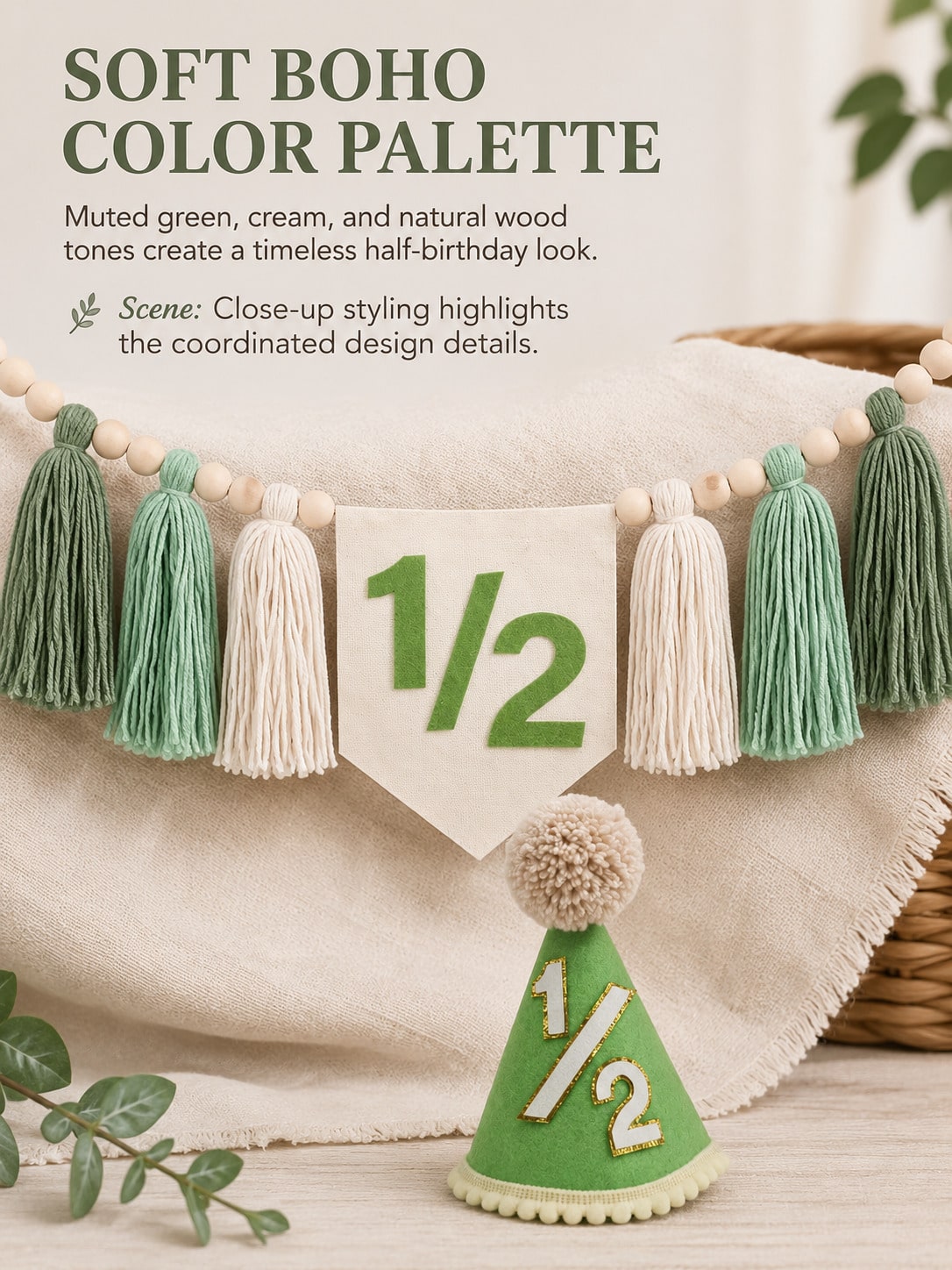 Green 1/2 Boho High Chair Banner & Hat Set, Decoration For 6 Months Old Baby's Half Birthday, Also Suitable For Baby Shower, Birthday Party, Green Theme Party, Forest Animal Theme Party