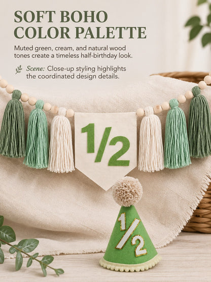 Green 1/2 Boho High Chair Banner & Hat Set, Decoration For 6 Months Old Baby's Half Birthday, Also Suitable For Baby Shower, Birthday Party, Green Theme Party, Forest Animal Theme Party