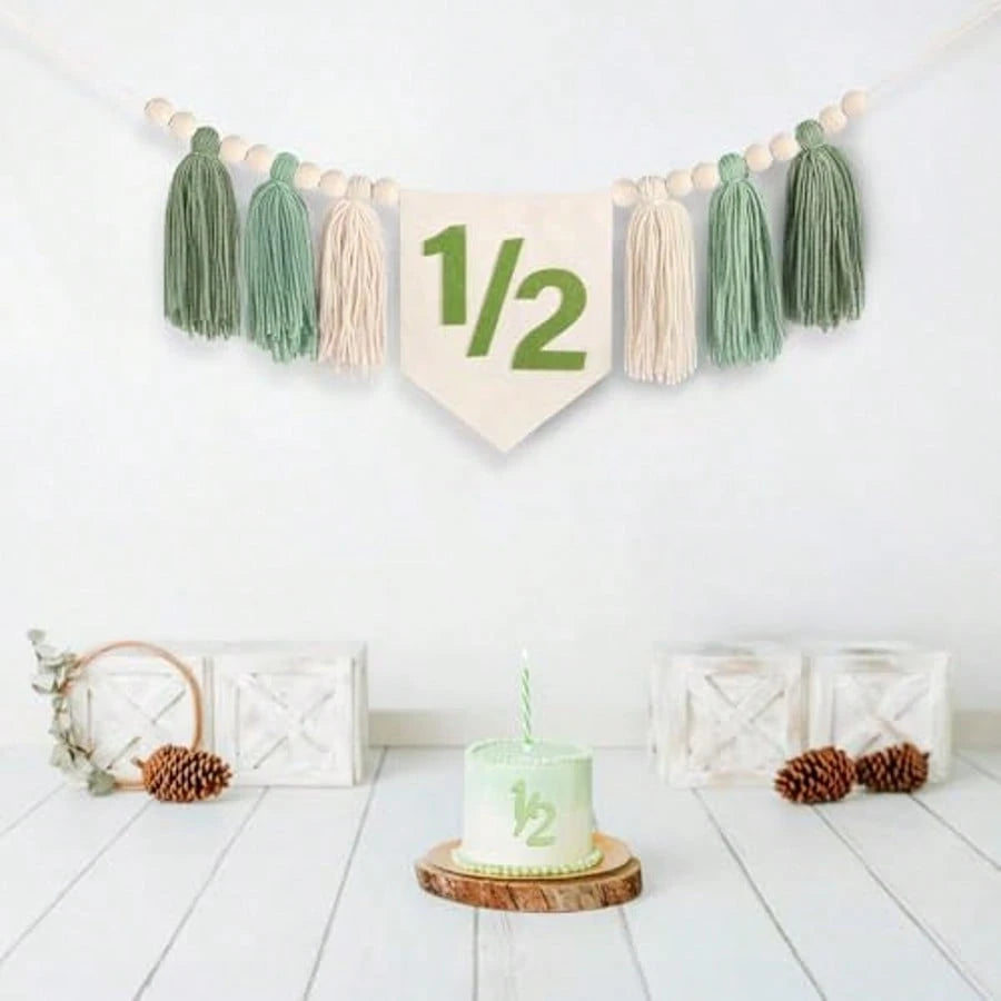 Green 1/2 Boho High Chair Banner & Hat Set, Decoration For 6 Months Old Baby's Half Birthday, Also Suitable For Baby Shower, Birthday Party, Green Theme Party, Forest Animal Theme Party