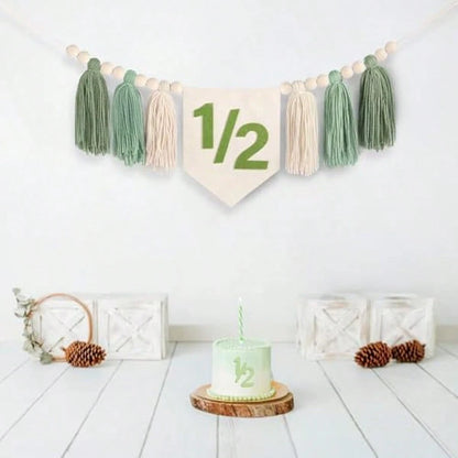 Green 1/2 Boho High Chair Banner & Hat Set, Decoration For 6 Months Old Baby's Half Birthday, Also Suitable For Baby Shower, Birthday Party, Green Theme Party, Forest Animal Theme Party
