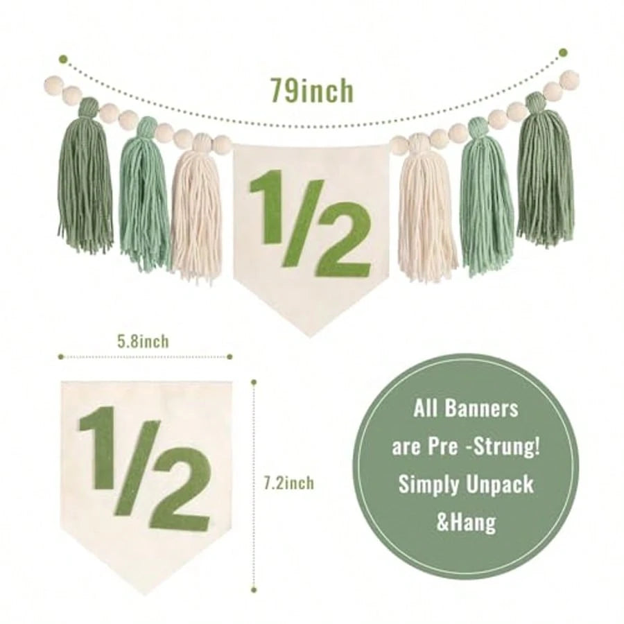 Green 1/2 Boho High Chair Banner & Hat Set, Decoration For 6 Months Old Baby's Half Birthday, Also Suitable For Baby Shower, Birthday Party, Green Theme Party, Forest Animal Theme Party