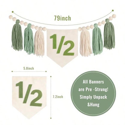 Green 1/2 Boho High Chair Banner & Hat Set, Decoration For 6 Months Old Baby's Half Birthday, Also Suitable For Baby Shower, Birthday Party, Green Theme Party, Forest Animal Theme Party