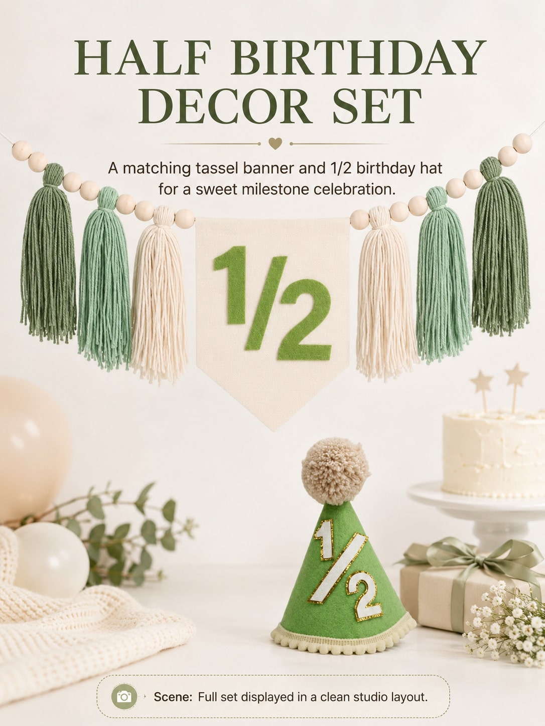 Green 1/2 Boho High Chair Banner & Hat Set, Decoration For 6 Months Old Baby's Half Birthday, Also Suitable For Baby Shower, Birthday Party, Green Theme Party, Forest Animal Theme Party