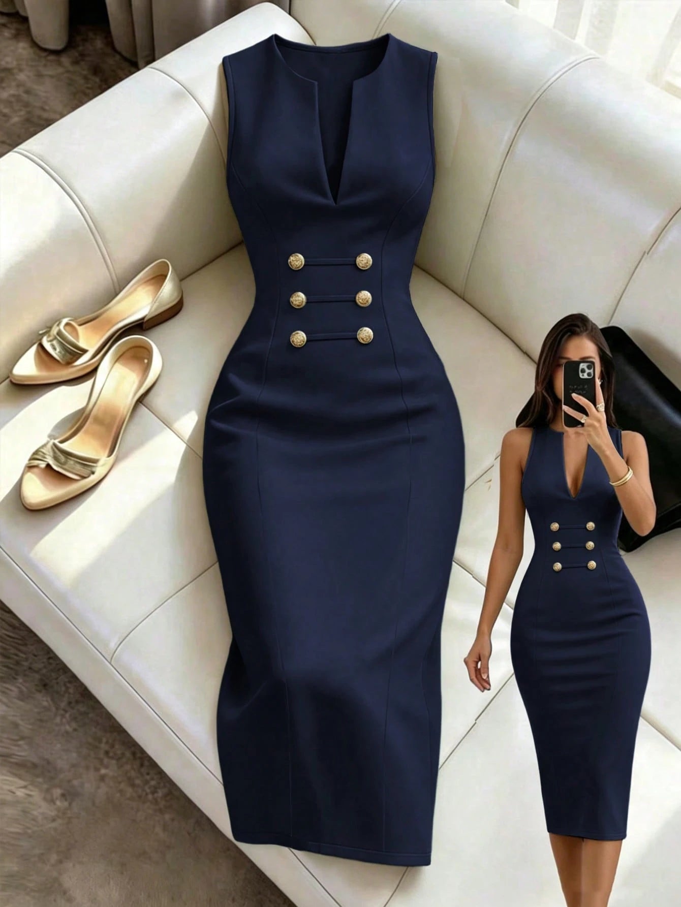 Green V-Neck Metal Trim Fitted Sleeveless Slit Women's Dress, Holiday Outfit, Women's Vacation Dress, Outing Wear, Office Wear