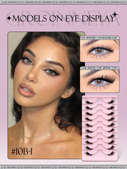 GROINNEYA 10 Pairs Semi-Permanent Transparent Cat Eye False Eyelashes, Short Soft 3D Mink Lashes, Natural Makeup (10B-1) Strip Eyelashes, Eyelashes, False Eyelashes, Fake Eyelashes