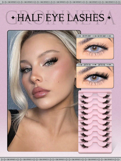 GROINNEYA 10 Pairs Semi-Permanent Transparent Cat Eye False Eyelashes, Short Soft 3D Mink Lashes, Natural Makeup (10B-1) Strip Eyelashes, Eyelashes, False Eyelashes, Fake Eyelashes