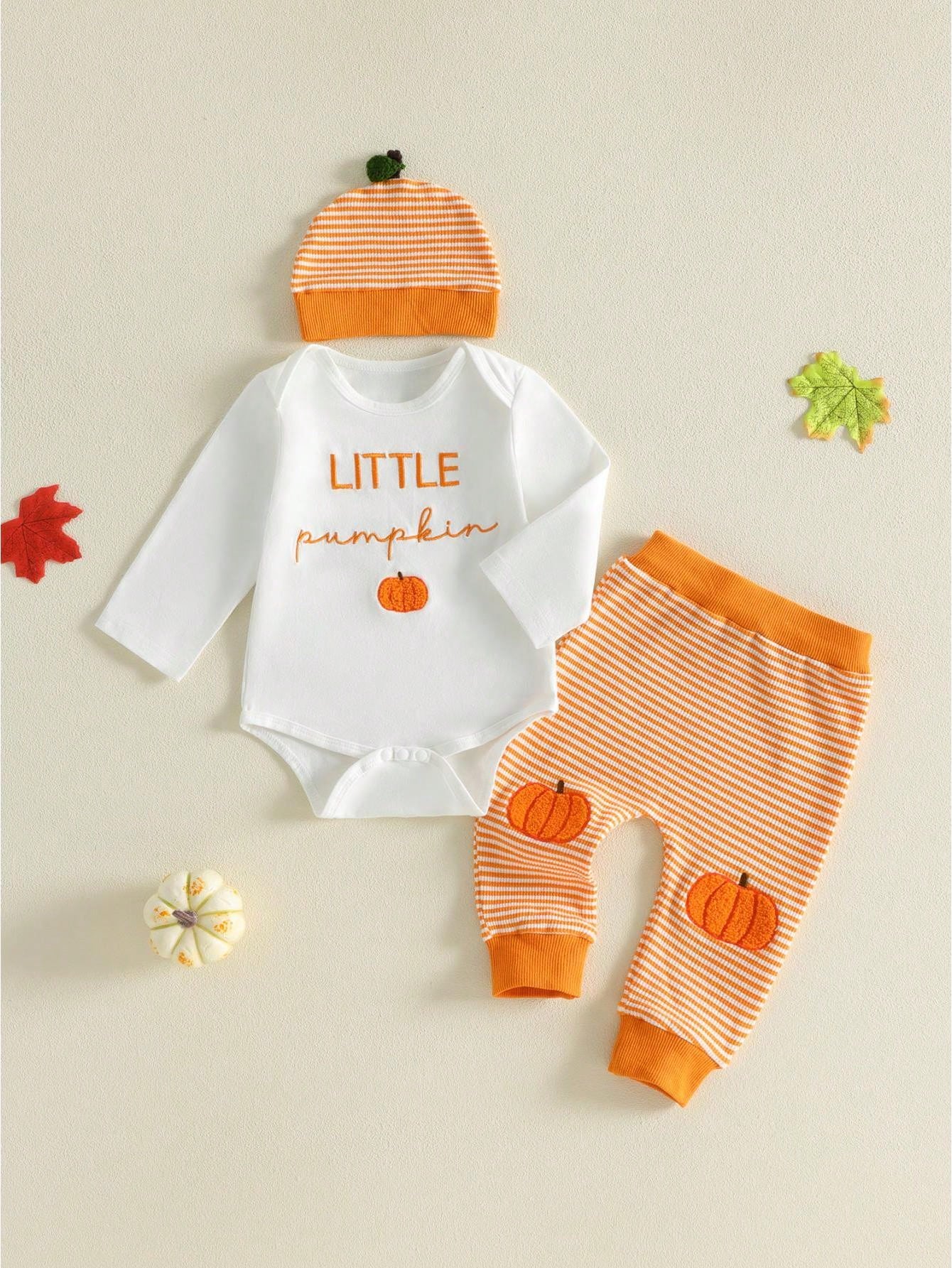 Halloween Infant Baby Boy 3Pcs Outfit Pumpkin Letters Embroidery Long Sleeve Crew Neck Romper With Striped Pants And Hat