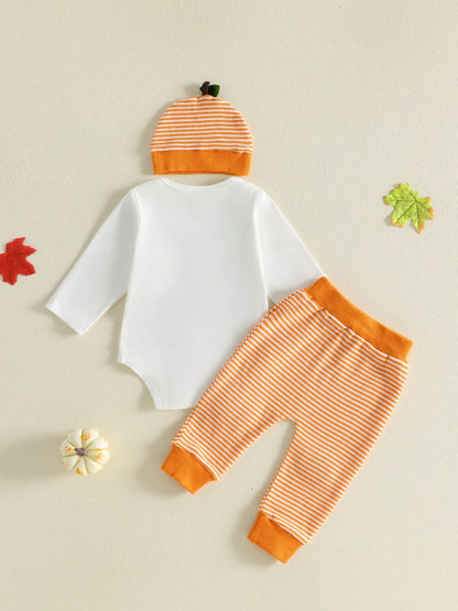 Halloween Infant Baby Boy 3Pcs Outfit Pumpkin Letters Embroidery Long Sleeve Crew Neck Romper With Striped Pants And Hat