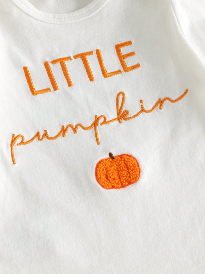 Halloween Infant Baby Boy 3Pcs Outfit Pumpkin Letters Embroidery Long Sleeve Crew Neck Romper With Striped Pants And Hat