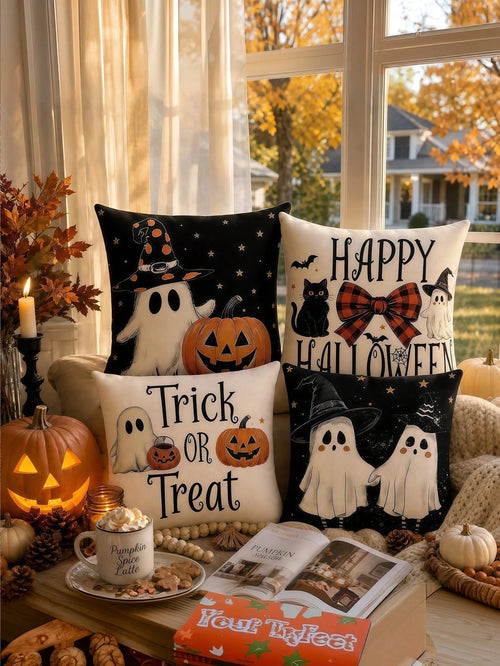 Halloween Pillow Covers Set Of 4, Spooky Ghost Pumpkin Black Cat Decorations For Home, Vintage Throw Pillow Covers For Couch Sofa, Fall And Halloween Decorations