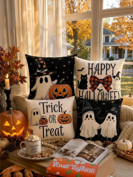 Halloween Pillow Covers Set Of 4, Spooky Ghost Pumpkin Black Cat Decorations For Home, Vintage Throw Pillow Covers For Couch Sofa, Fall And Halloween Decorations