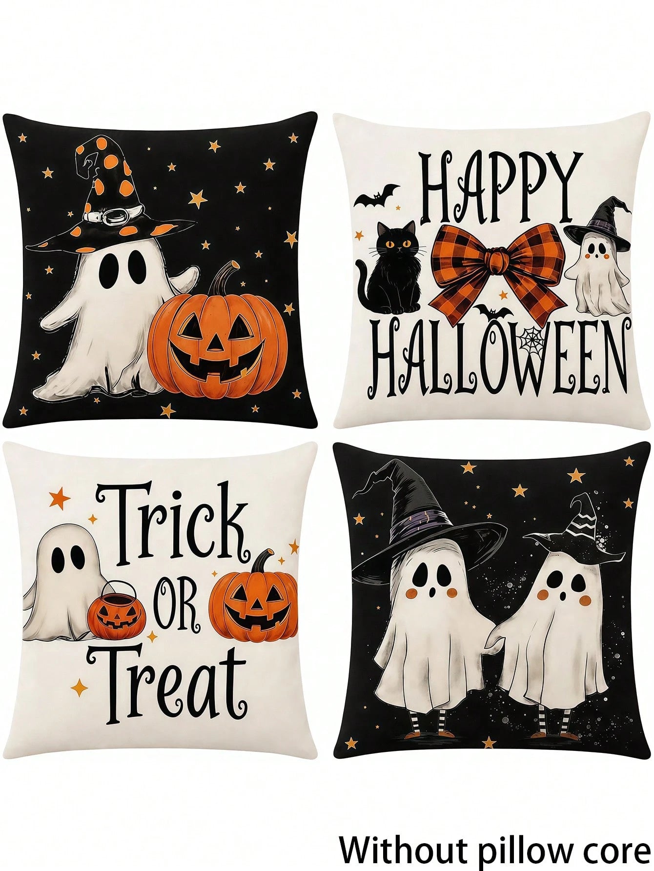Halloween Pillow Covers Set Of 4, Spooky Ghost Pumpkin Black Cat Decorations For Home, Vintage Throw Pillow Covers For Couch Sofa, Fall And Halloween Decorations
