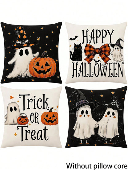 Halloween Pillow Covers Set Of 4, Spooky Ghost Pumpkin Black Cat Decorations For Home, Vintage Throw Pillow Covers For Couch Sofa, Fall And Halloween Decorations