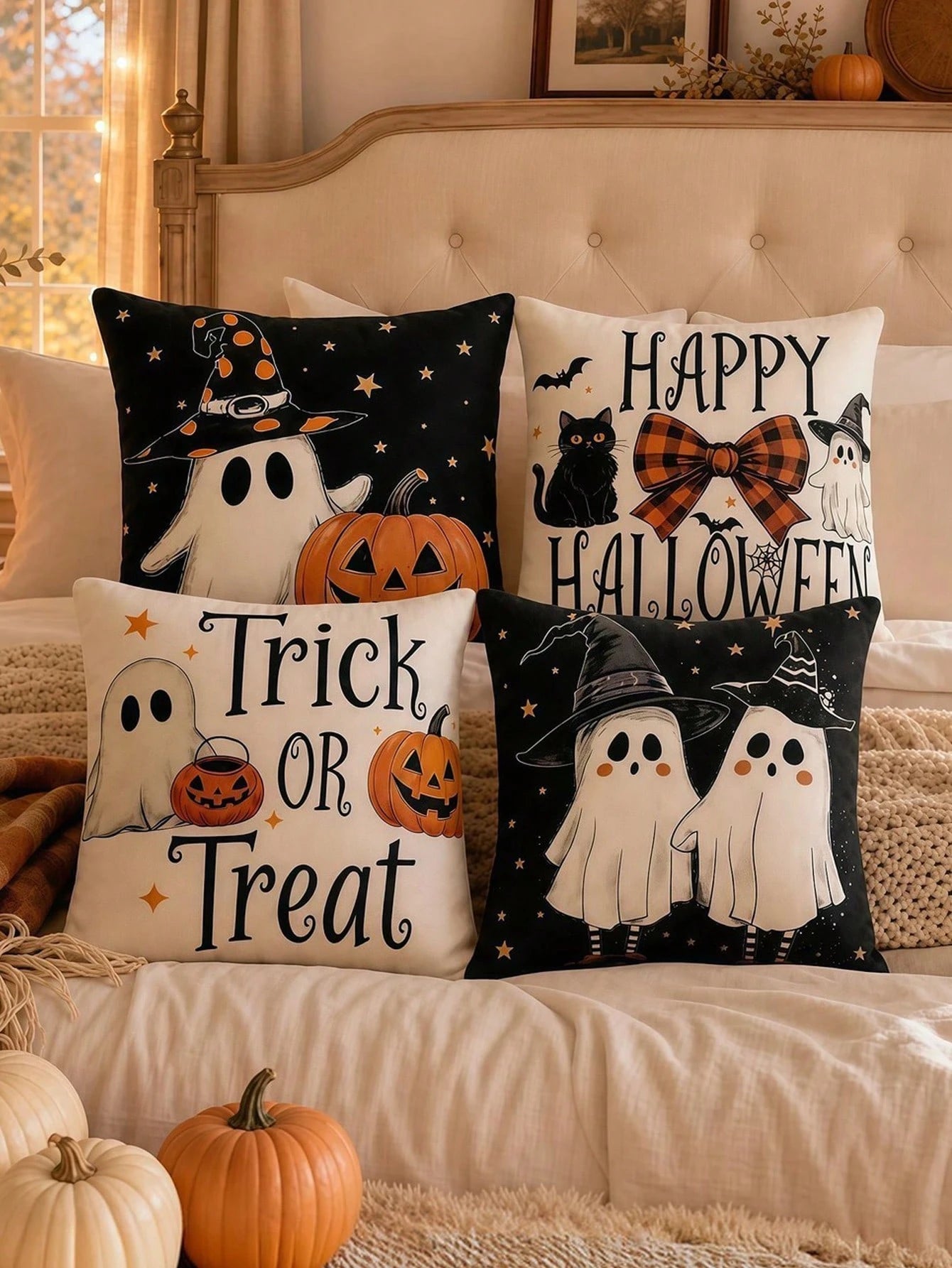 Halloween Pillow Covers Set Of 4, Spooky Ghost Pumpkin Black Cat Decorations For Home, Vintage Throw Pillow Covers For Couch Sofa, Fall And Halloween Decorations