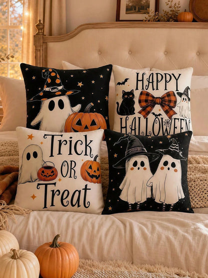 Halloween Pillow Covers Set Of 4, Spooky Ghost Pumpkin Black Cat Decorations For Home, Vintage Throw Pillow Covers For Couch Sofa, Fall And Halloween Decorations