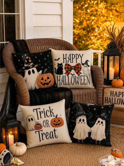 Halloween Pillow Covers Set Of 4, Spooky Ghost Pumpkin Black Cat Decorations For Home, Vintage Throw Pillow Covers For Couch Sofa, Fall And Halloween Decorations