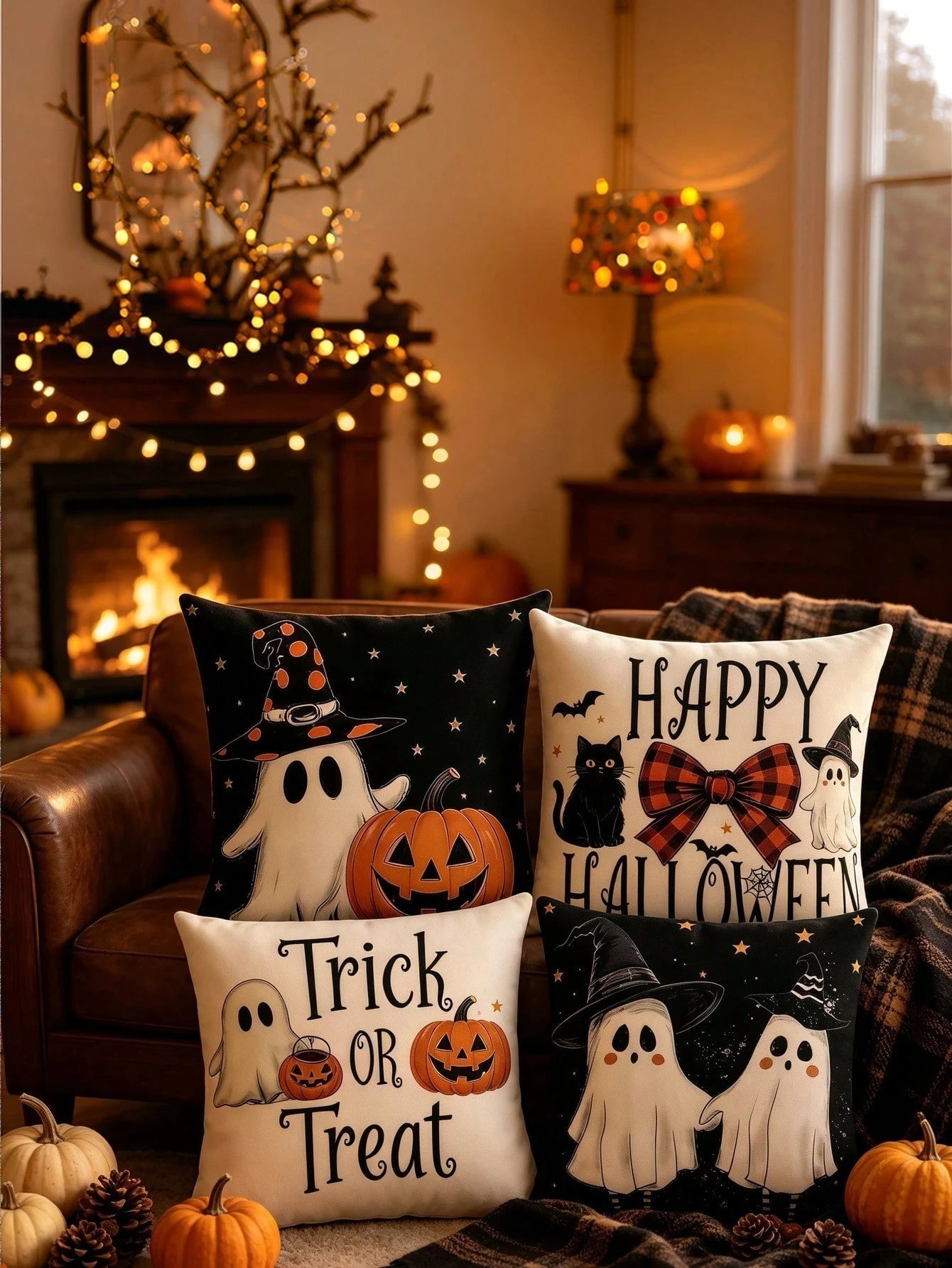 Halloween Pillow Covers Set Of 4, Spooky Ghost Pumpkin Black Cat Decorations For Home, Vintage Throw Pillow Covers For Couch Sofa, Fall And Halloween Decorations