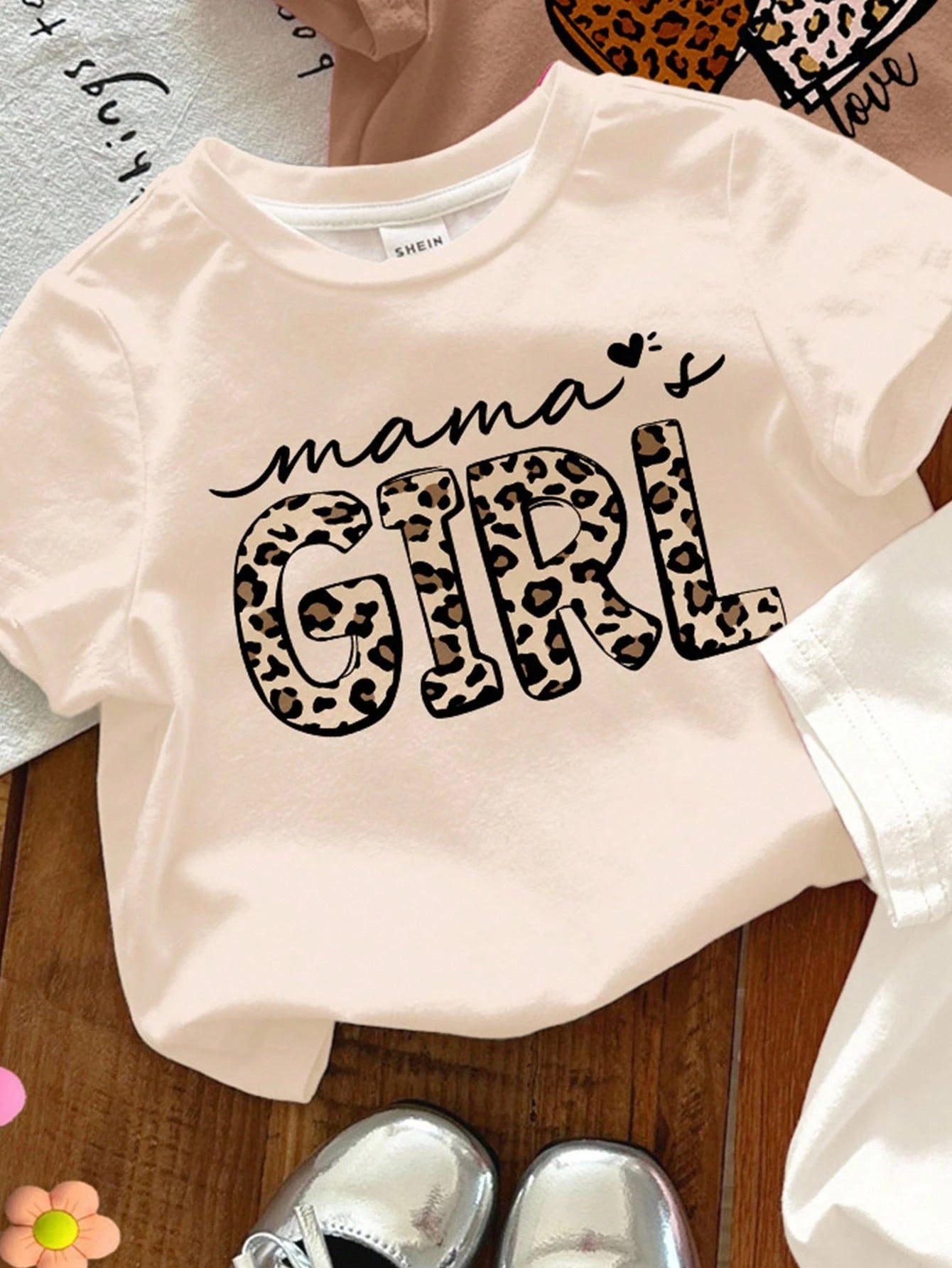 Happikins 3pcs Baby Girl Cute Summer Casual Rainbow Family Matching Mama's Girl Leopard Heart Pattern Dusty Rose Brown White Animal Print Graphic Tees