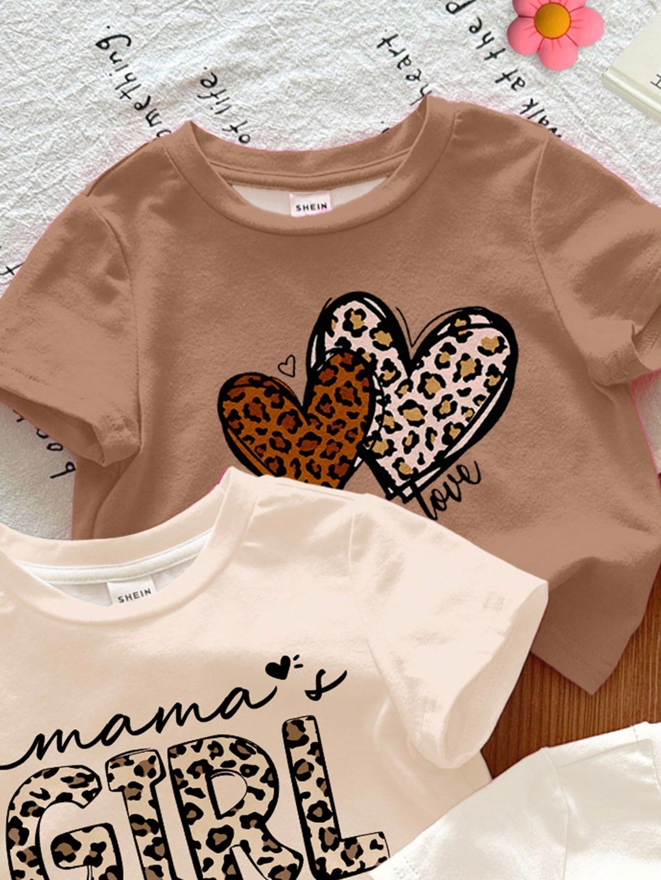 Happikins 3pcs Baby Girl Cute Summer Casual Rainbow Family Matching Mama's Girl Leopard Heart Pattern Dusty Rose Brown White Animal Print Graphic Tees