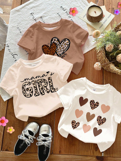 Happikins 3pcs Baby Girl Cute Summer Casual Rainbow Family Matching Mama's Girl Leopard Heart Pattern Dusty Rose Brown White Animal Print Graphic Tees