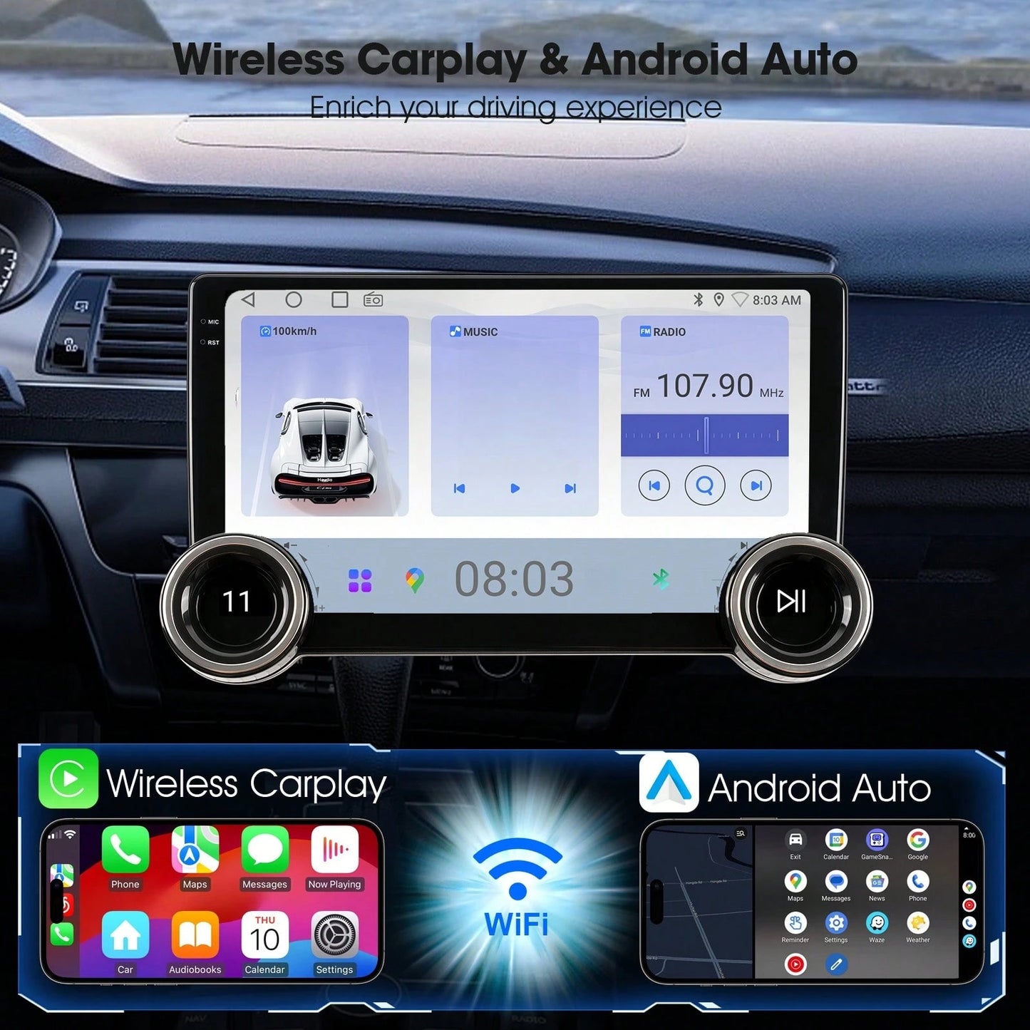 Haudio 2+64GB 10-Inch Wireless Vehicle Display, Integrated With Car Audio, Reverse Camera, Dashcam, Wireless Connectivity And GPS Navigation. Supports CarPlay, Android Auto, FM Radio, AUX/USB, Compati