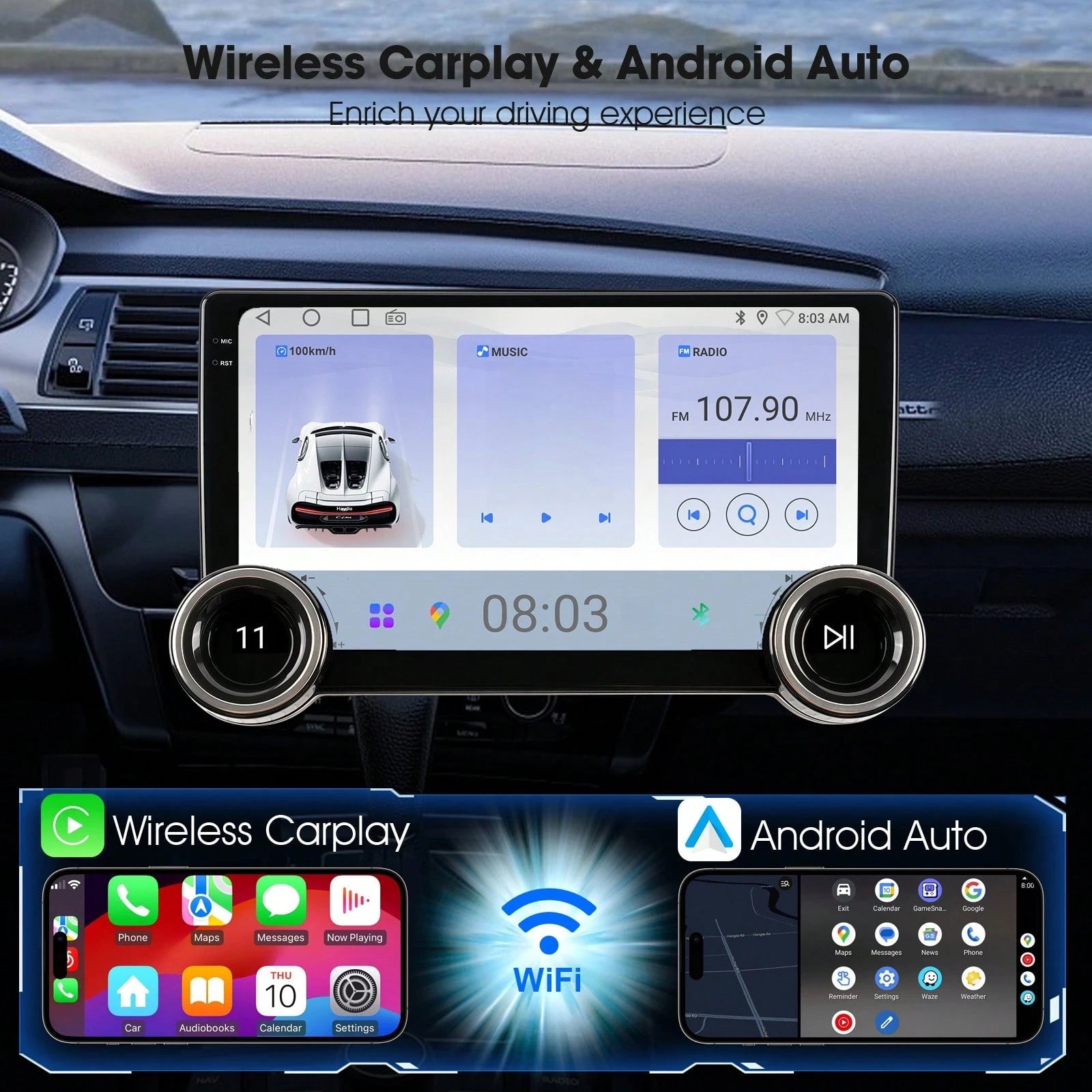 Haudio 2+64GB 10-Inch Wireless Vehicle Display, Integrated With Car Audio, Reverse Camera, Dashcam, Wireless Connectivity And GPS Navigation. Supports CarPlay, Android Auto, FM Radio, AUX/USB, Compati