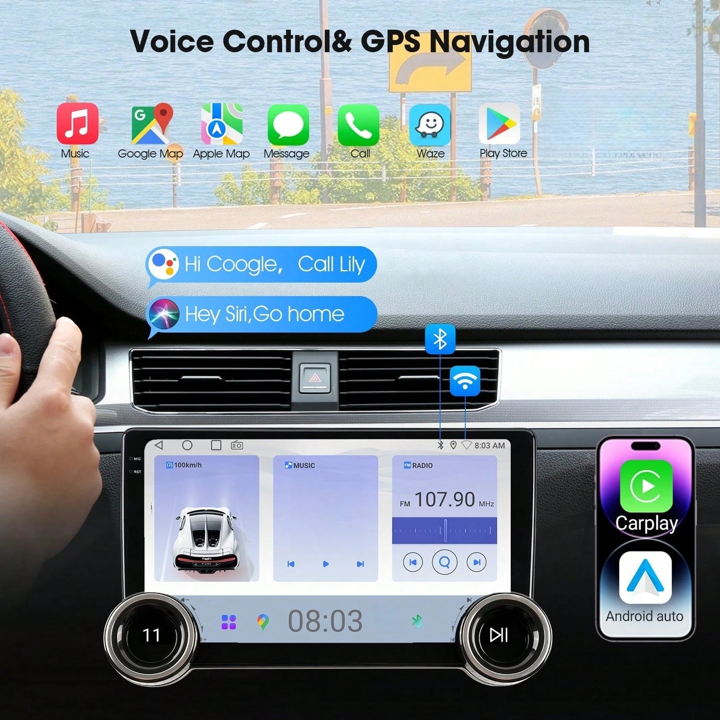 Haudio 2+64GB 10-Inch Wireless Vehicle Display, Integrated With Car Audio, Reverse Camera, Dashcam, Wireless Connectivity And GPS Navigation. Supports CarPlay, Android Auto, FM Radio, AUX/USB, Compati