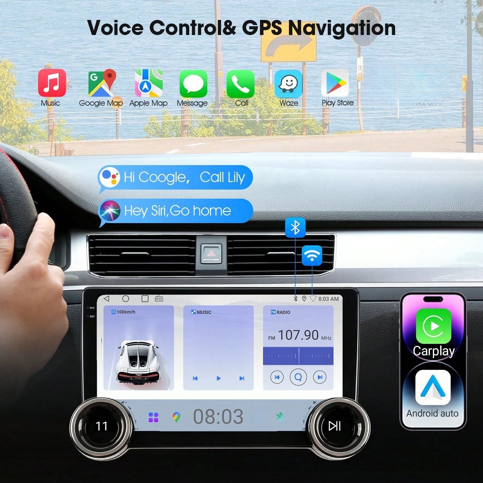 Haudio 2+64GB 10-Inch Wireless Vehicle Display, Integrated With Car Audio, Reverse Camera, Dashcam, Wireless Connectivity And GPS Navigation. Supports CarPlay, Android Auto, FM Radio, AUX/USB, Compati