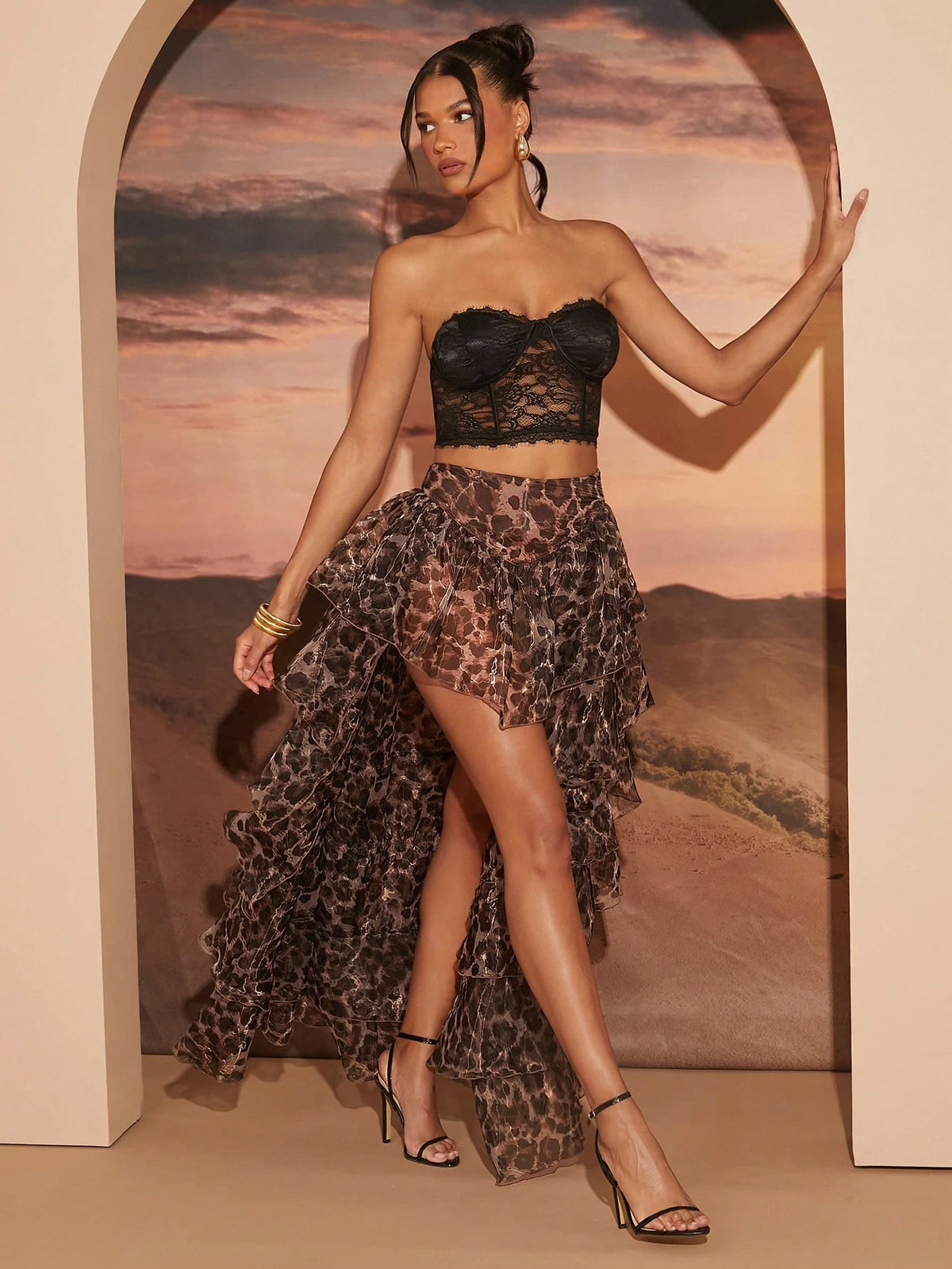 Hauture Women's Leopard Print Pleated Ruffle Layered Skirt, Casual Resort Wear