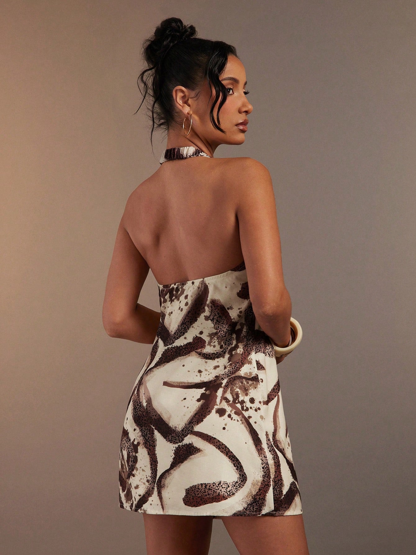 Hauture Women's Sexy Abstract Animal Skin Zebra Brown Print Linen Cross Halter Mini Dress