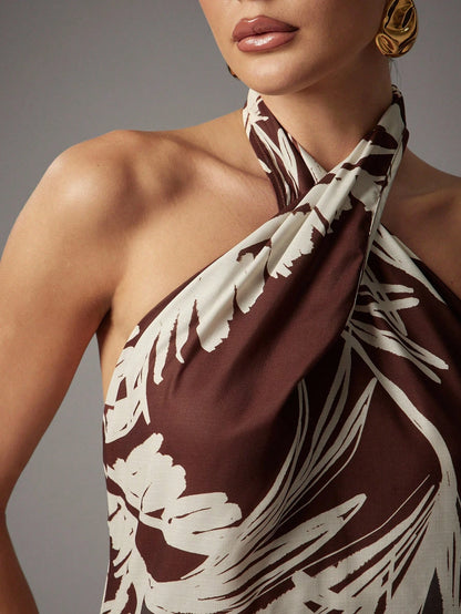 Hauture Women's Sexy Abstract Animal Skin Zebra Brown Print Linen Cross Halter Mini Dress